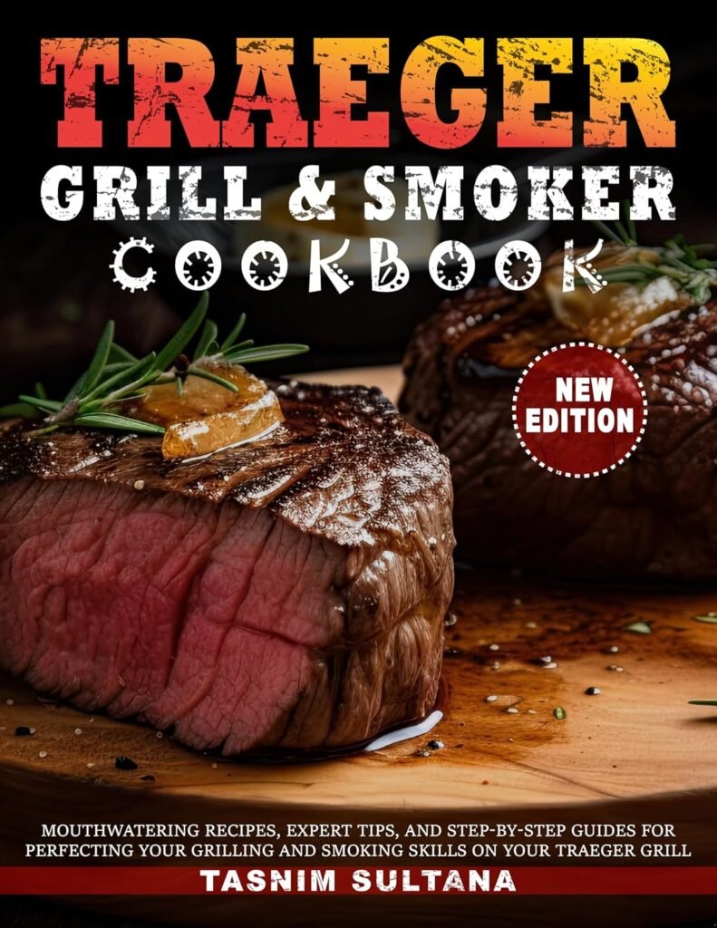 Traeger Grill & Smoker Cookbook cover featuring flavorful smoked barbecue dishes, grilled meats, fresh sides, and outdoor wood pellet grilling recipe inspiration.