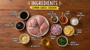 Garlic Chicken ingredients including skinless chicken, soy sauce, oyster sauce, lemon, garlic, onion, honey, cornstarch, black pepper, cilantro and oil arranged on wooden table