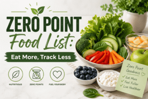 Zero Point Food List featuring fresh fruits, vegetables, and healthy foods with the message eat more track less for a balanced lifestyle