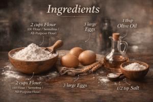 Homemade pasta recipe ingredients including flour, eggs, olive oil, and salt arranged for cooking