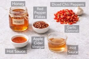 Hot honey recipe ingredients including honey, red pepper flakes, diced chili peppers, apple cider vinegar, hot sauce, and garlic displayed with labels on a clean background