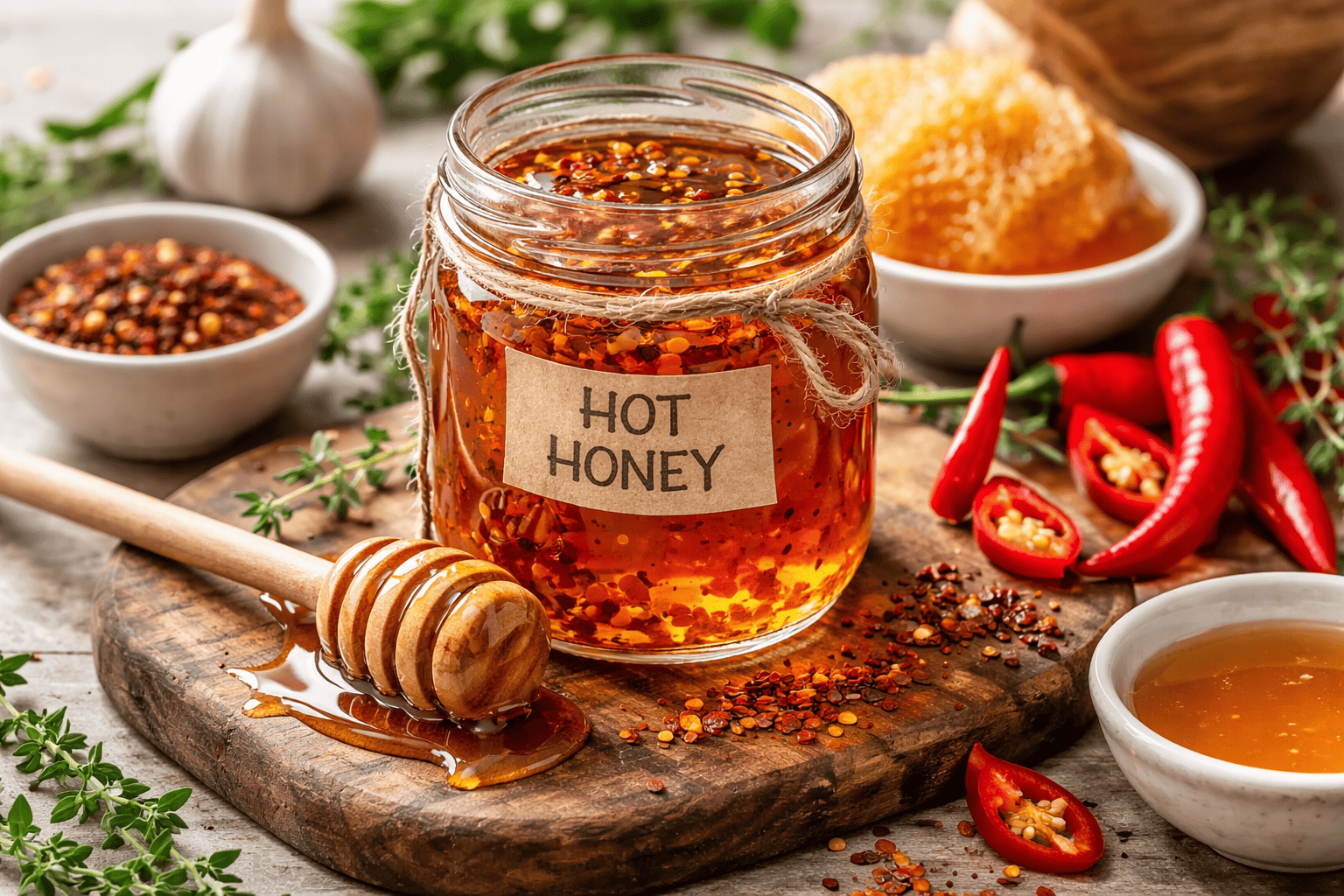 Hot honey recipe ingredients including honey, red pepper flakes, diced chili peppers, apple cider vinegar, hot sauce, and garlic displayed with labels on a clean background