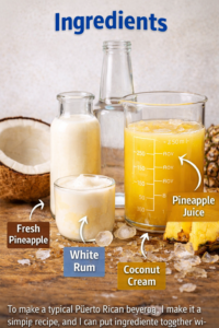 Pina colada recipe ingredients including fresh pineapple, coconut cream, white rum, pineapple juice, and ice on wooden table