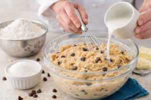 Step-by-step edible cookie dough recipe showing milk being added gradually