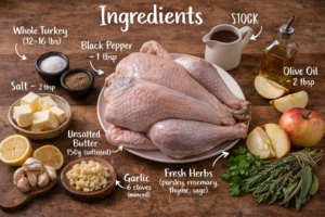 Turkey Recipe ingredients including whole turkey, butter, garlic, lemon, herbs, salt, pepper, and olive oil arranged on table