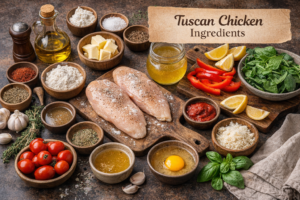 Delicious Creamy Tuscan Chicken Recipe 2 Tuscan chicken ingredients including chicken breasts, garlic, olive oil, butter, herbs, tomatoes, and spinach