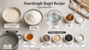 Ingredients laid out for a sourdough bagel recipe including starter, flour, water, honey, and toppings